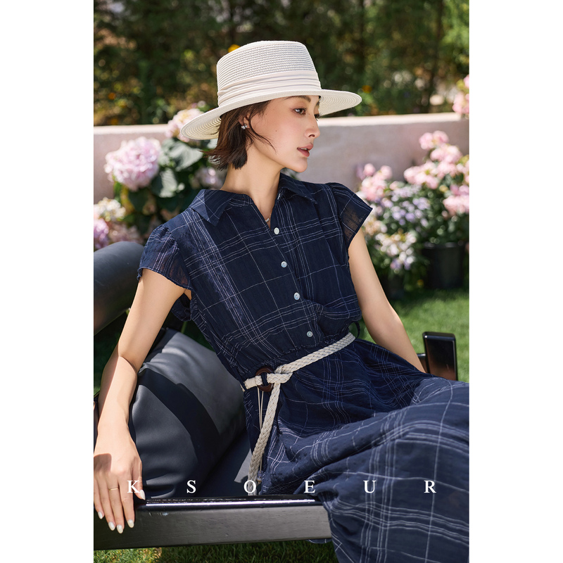 K Sister Ksoeur【Love at First Sight】Color-Woven Plaid Lapel Dress with Slightly Wrinkled Texture, Flutter Sleeves, and Waist-Cinching Design for a Stylish Look