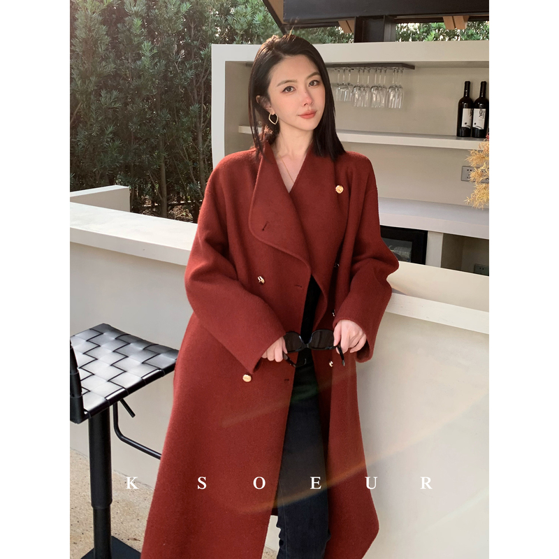 K Sister Ksoeur【Mist Rose】Camel Wool, Silk, and Wool Blend with a Draped Collar + Double-Breasted Double-Sided Wool Coat