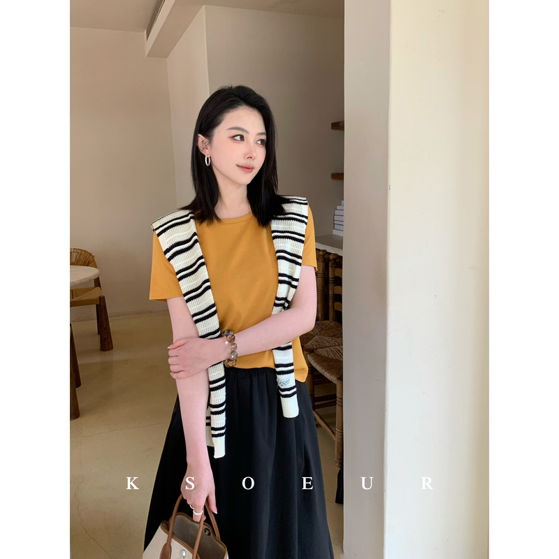 K Sister Ksoeur【Small Honeycomb Acetate T】Acetate Tencel Knit Light Luxury Quality Short-Sleeve T-Shirt for Women