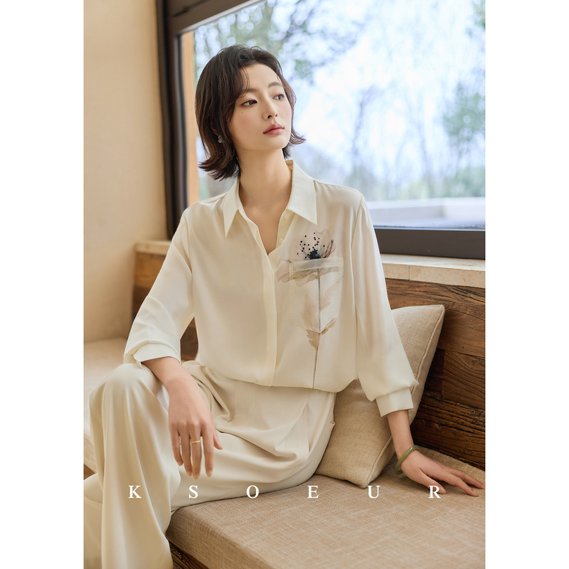 K Sister Ksoeur【Dark Fragrance】 Silk Mulberry Silk Stretch Satin Elegant High-End Ink Painting Floral Print Shirt for Women