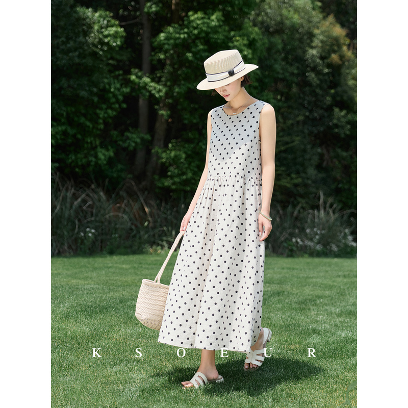 K Sister Ksoeur 【Heartbeat Polka Dots】Bai Bai Linen Casual Loose Airy Polka Dot Print Tank Dress