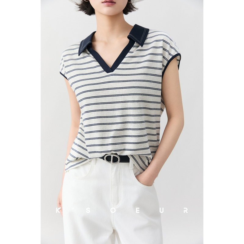 Sister K Ksoeur【Nautical Striped T】Elegant and Casual Color-Blocked Lapel Pinstripe Sleeveless Top for Women