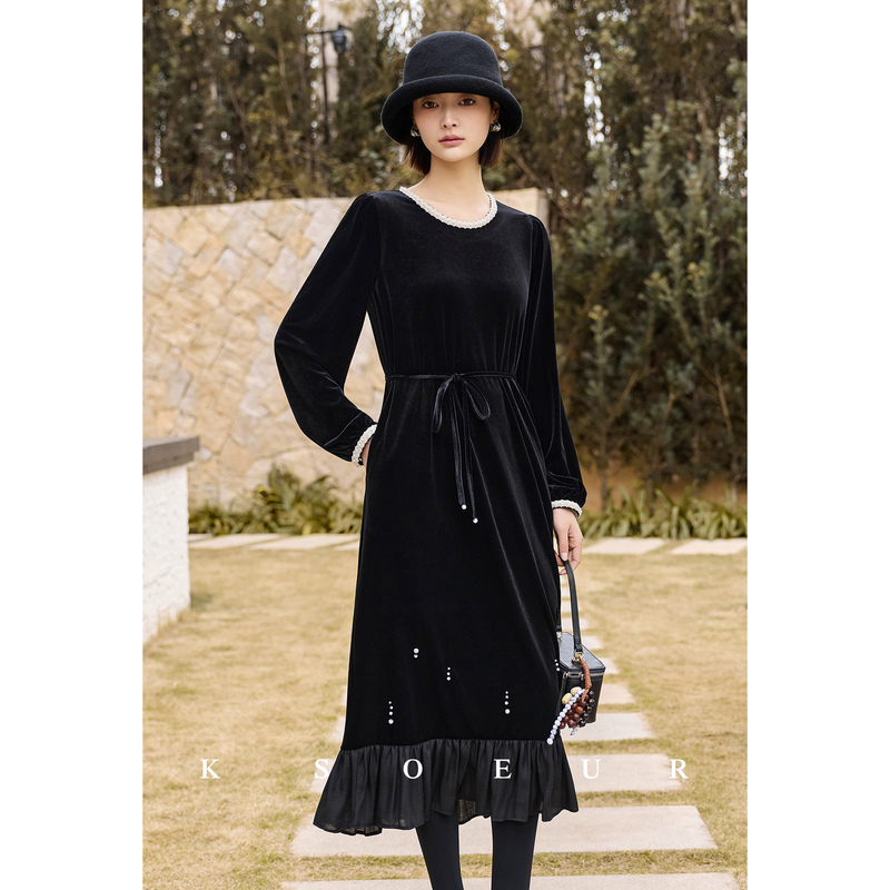 K Sister Ksoeur【Mermaid】Exquisite Lace Beaded Round Neck Slimming Velvet Dress for Women