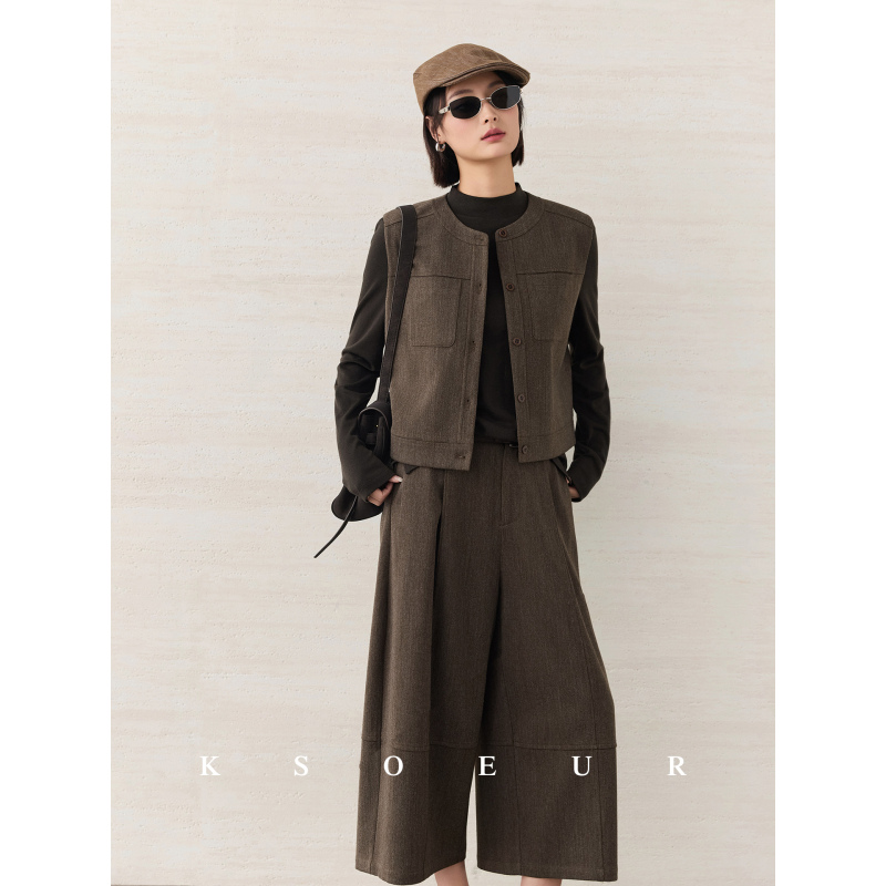 K Sister Ksoeur【Chestnut Set】High-Quality Retro Round-Neck Short Vest and Wide-Leg Cropped Pants Relaxed Set