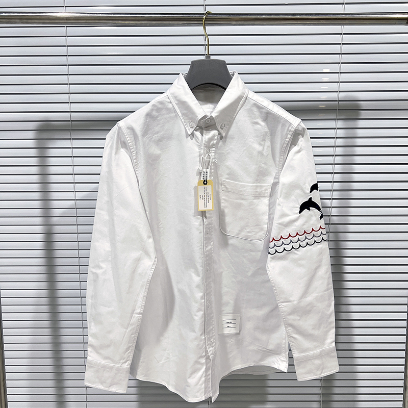 Tb Classic Animal Pointed Collar Button-Down Oxford Fabric Red, White, and Blue Embroidered Armband Dolphin Youthful Casual Long-Sleeve Shirt