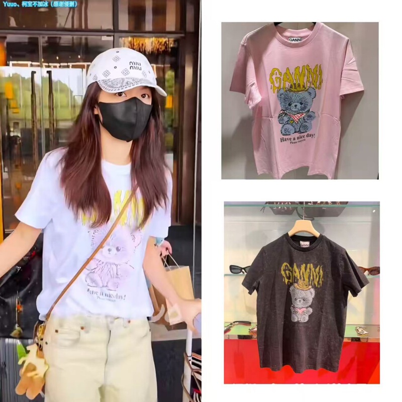 26 Styles of Ganni Zhao Jinmai's Same Style Letter Bear Vintage Print Round Neck Loose Short-Sleeve Pure Cotton T-Shirt for Women Summer
