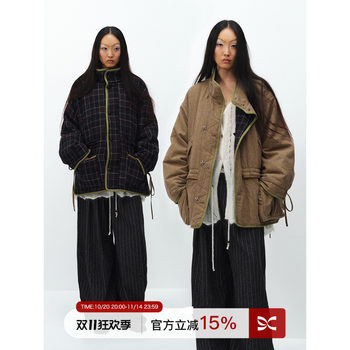 Square circle reversible retro workwear plaid loose and fashionable cotton jacket with square and round design Square circle reversible retro workwear plaid loose and fashionable cotton jacket with square and round design