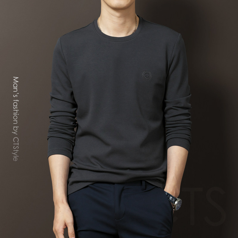 Spring Autumn Season Men's Long Sleeve T-shirt Pure Cotton Round Collar Inner lap Autumn Jersey Middle-aged Men's Dress Undershirt Pure Color T-shirt New