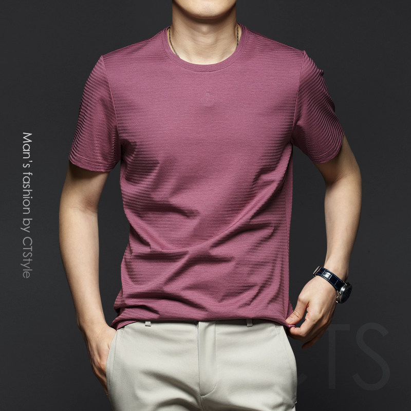 Summer men's striped round collar short sleeve T-shirt tencel pure cotton half sleeve men's ice silk light cotton T-shirt trendshirt