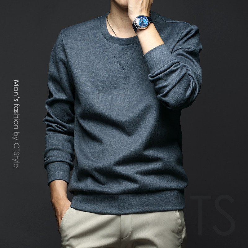 Spring and autumn men's round neck thick cotton T business casual men's long-sleeved inner jacket loose autumn top 2021 new