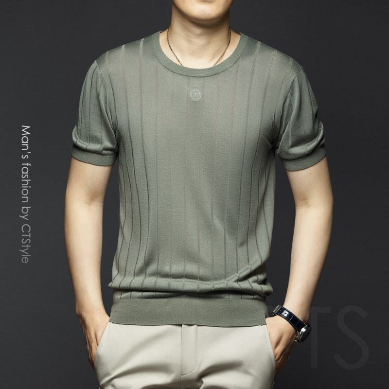 Summer men's round neck short sleeve T-shirt knitted half sleeve T-shirt high-end ice silk 2021 men's new fashion summer clothes