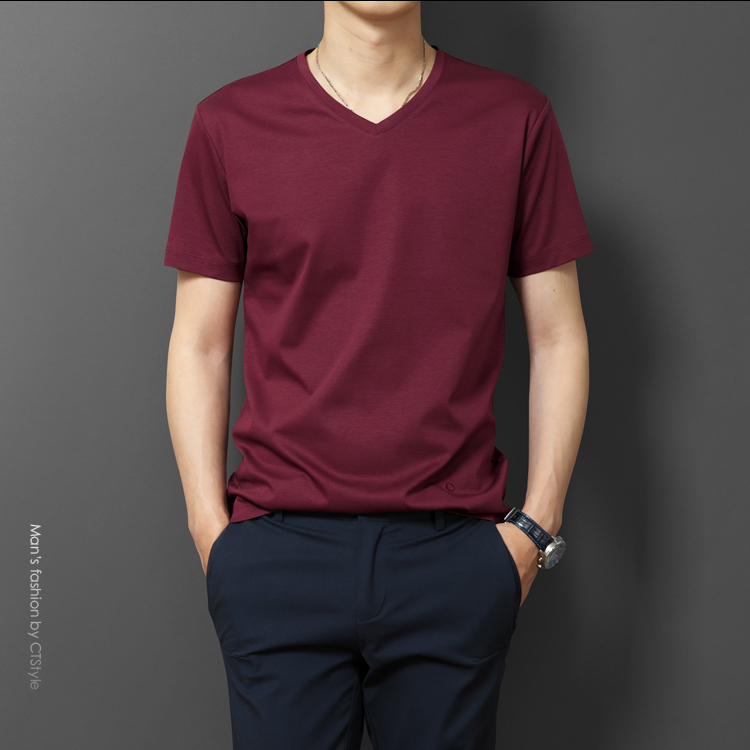 Áo thun cotton tay ngắn cotton cổ chữ V tay cotton nửa tay lỏng lẻo màu băng lụa trong tay áo người cao tuổi chạm đáy áo quần nam Áo thun nam Hàn Quốc