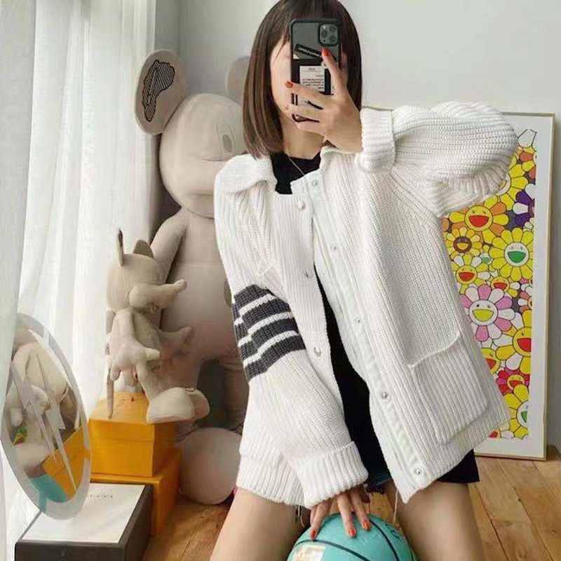 Silver Children's Day Thom Browne autumn winter money TB Coarse pockets thickened Knitted Sweater Cardigan Coats Cardigan