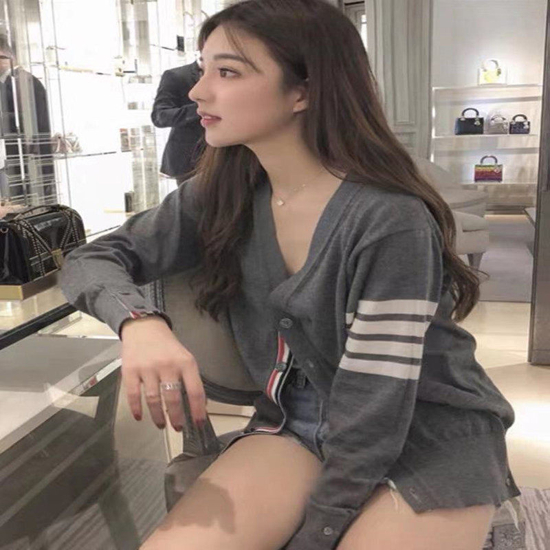 Silver Children's Day Thom Browne TB Classic Cashmere Wool Knit Cardigan Four-button Short version opening jacket male and female