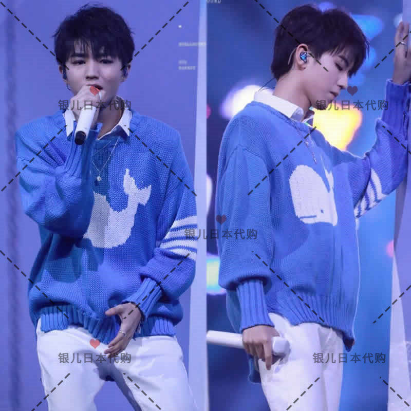 Silver Children's Day Thom browne Wang Junkai TB Blue Whale side open fork-knitted sweatshirt printed striped male and female