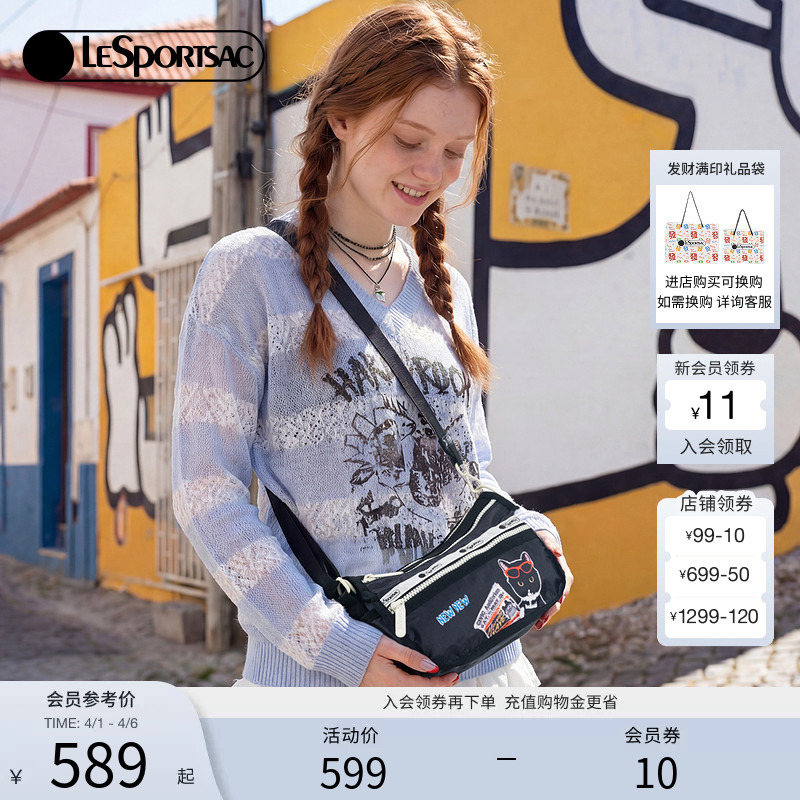 Lesportsac New Model Newnew Collaboration Black Single-Shoulder Crossbody Bag with Multiple Compartments Cute Handbag