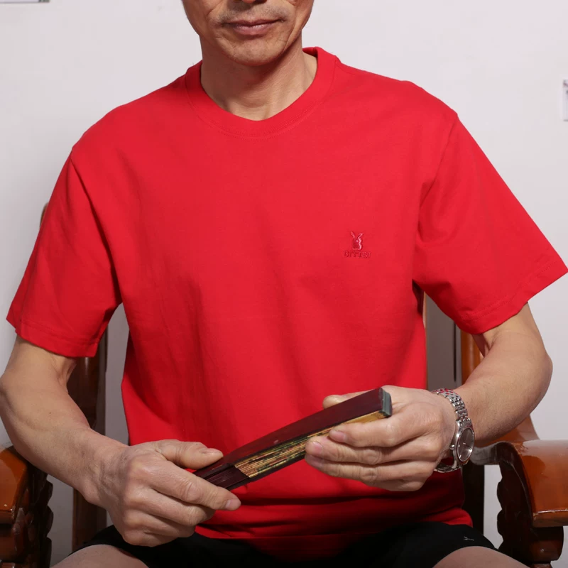 Cotton solid summer short sleeve T-shirt with a round collar, for middle-aged man, oversize, for middle age