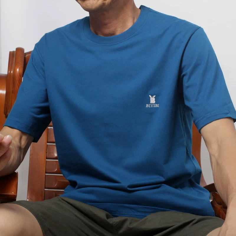 Cotton solid summer short sleeve T-shirt with a round collar, for middle-aged man, oversize, for middle age