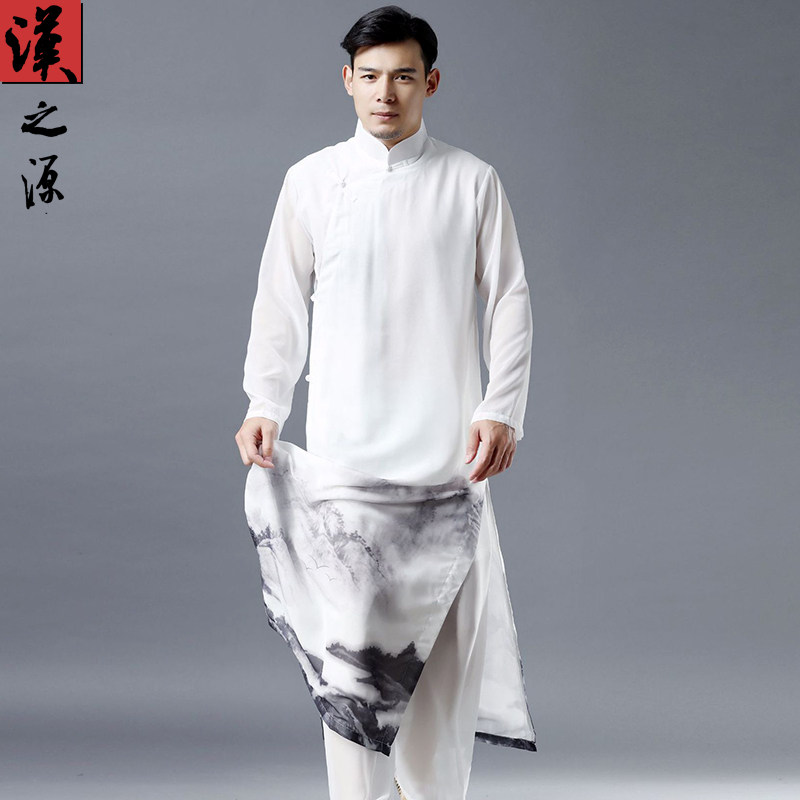 Chinese style summer chiffon tunic mid-length stand collar diagonal placket buckle Tang dress laymen's clothing men's Chinese Hanfu thin