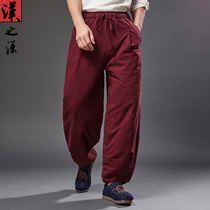 China wind winter thickened cotton pants anti-chill and warm clamping cotton casual pants linen lamp cage pants loose tightness waist and pants