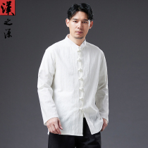 Summer Cotton Linen Shirt Male China Wind Retro Youth Standout Linen Linen Long Sleeve Shirt Minimalist Pure Color Casual Blouse