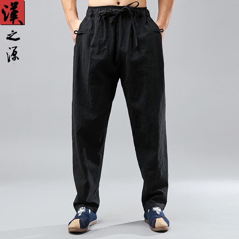 Chinese style linen pants men's straight loose casual trousers retro elastic waist tie men's pants Tang suit cotton and linen pants