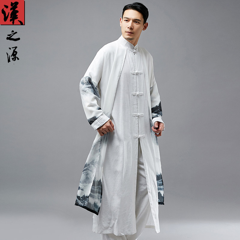 Fake two cotton linen blouse blouses Gongfeng men's clothes standings Chinese style Tang style performance Long gown Chinese mantra mansuit-Taobao