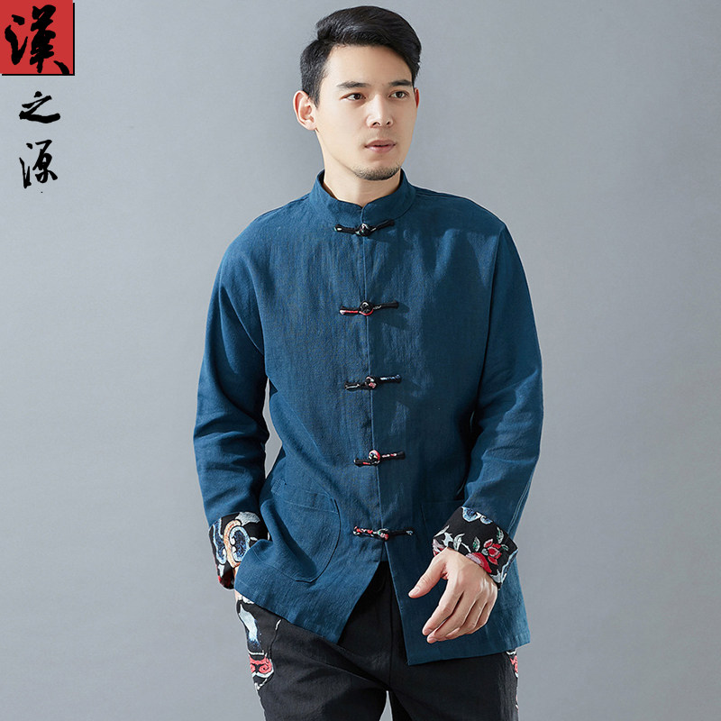 Chinese style men's linen Tang dress shirt Chinese placket plate buckle stand-up collar shirt Youth retro casual men's fashion