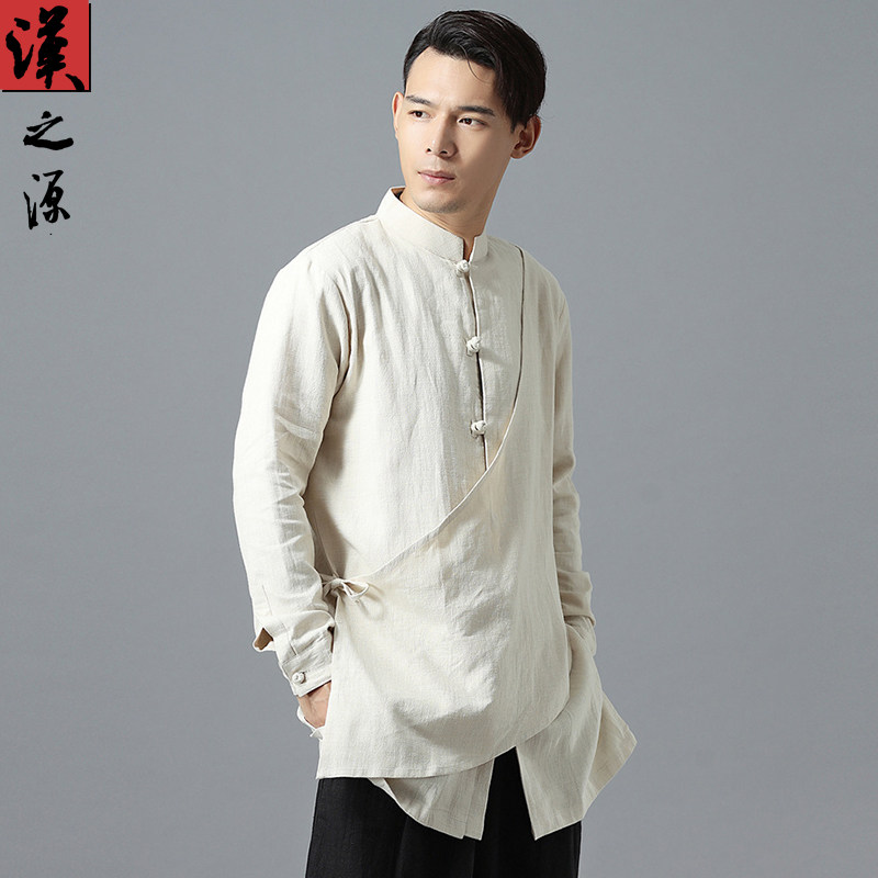 Original Chinese wind medium long version shirt male Chinese upright collar disc buttoned with long sleeve cotton linen shirt autumn blouses