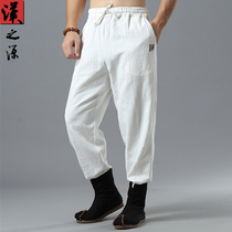 Chinese style mens Ramie casual pants loose embroidered cotton linen trousers original elastic waist small feet mens trousers linen pants
