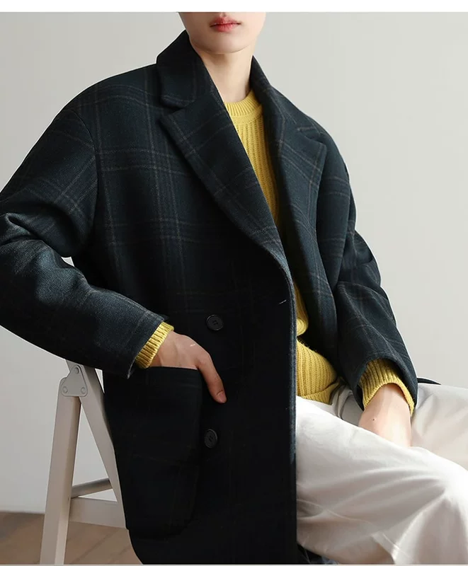 Áo khoác mùa thu và mùa đông nam mùa đông phổ biến áo khoác kẻ sọc giữa chiều dài lỏng Hàn Quốc phong cách áo gió len phong cách Anh - Cao bồi