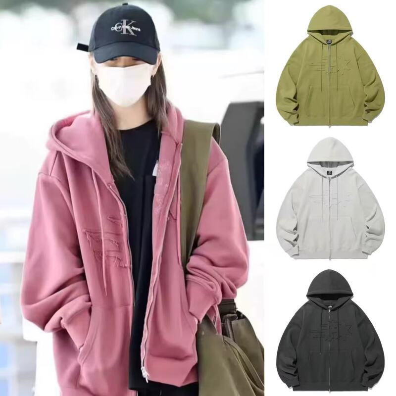 Shen Liuzhen and Zheng Yaxian's Same Style Korean Ngc Patchwork Hooded Zip-Up Sweatshirt Jacket for Women, Loose Casual Top, Trendy