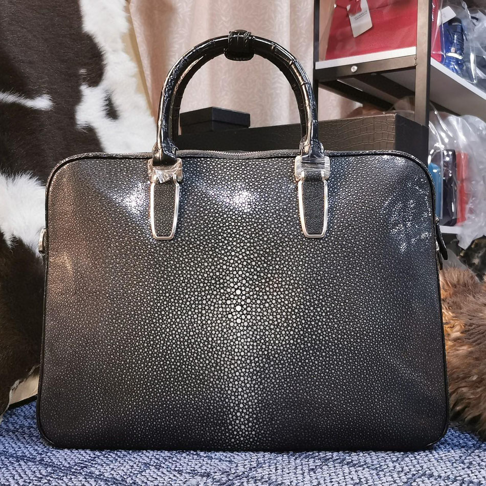 New Pearl Fish Leather Briefcase Men's Leather Bag Leather Business Handbag Diagonal Bag Computer Horizontal Trendy Bag