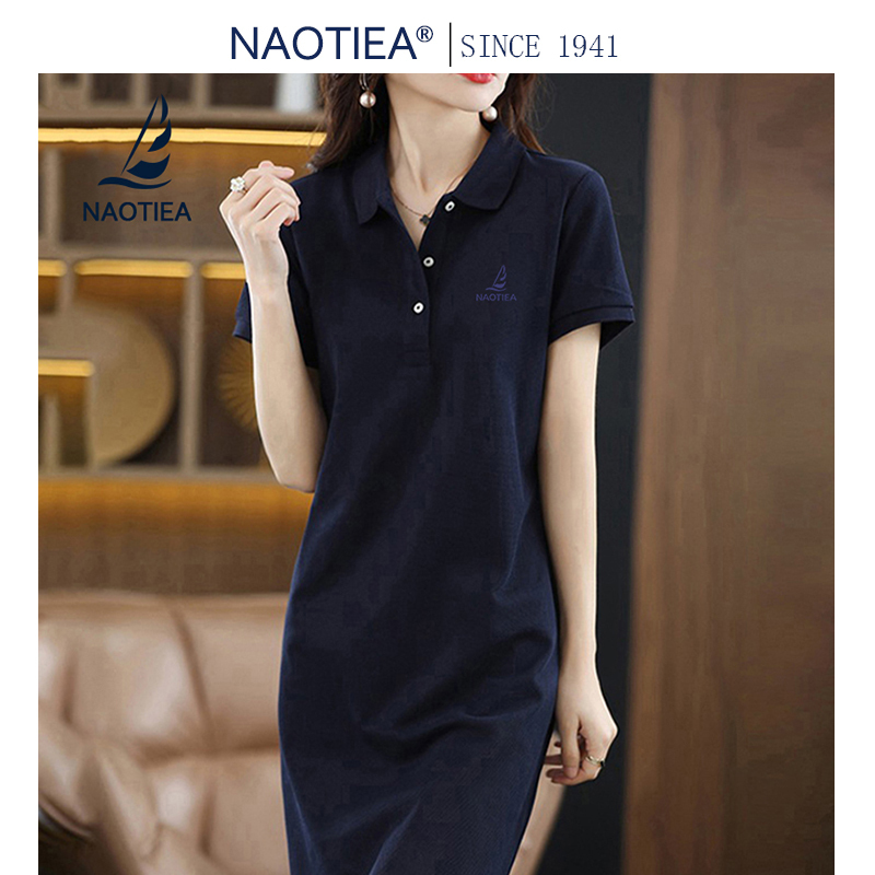 Naotier Small Sailboat Polo Shirt Short-Sleeved Dress for Women 2025 Summer New Mid-Length A-Line T-Shirt Dress