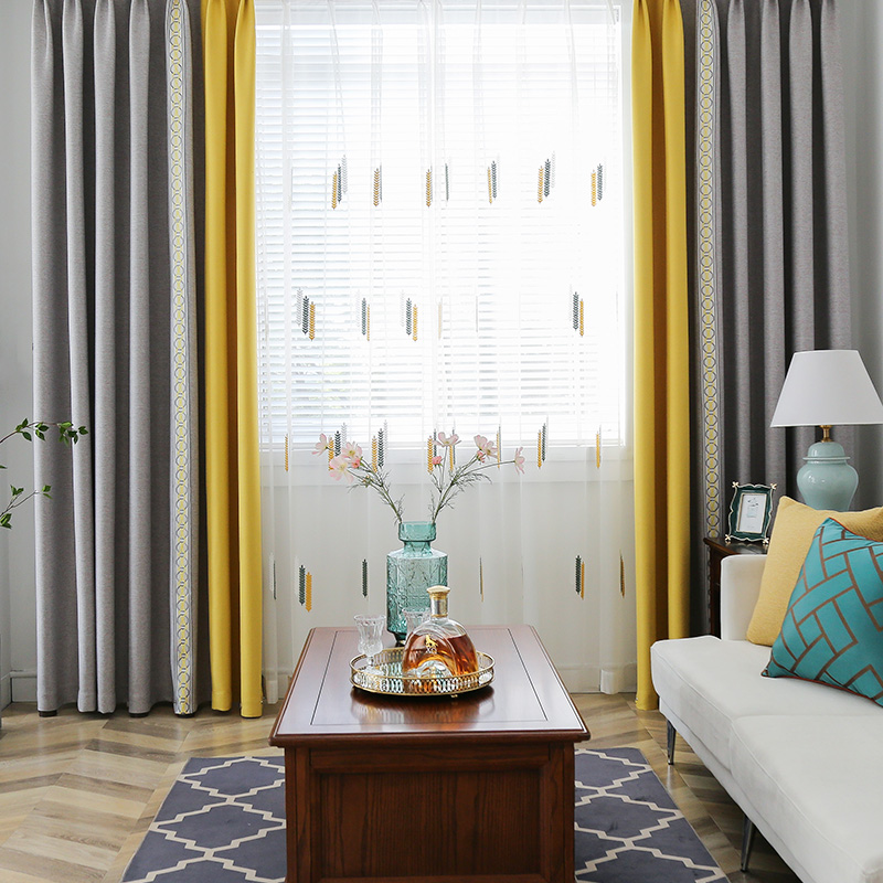 Youchuang curtain products Nordic simple modern blackout yellow gray stitching high-precision light luxury curtain cloth highly atmospheric customization