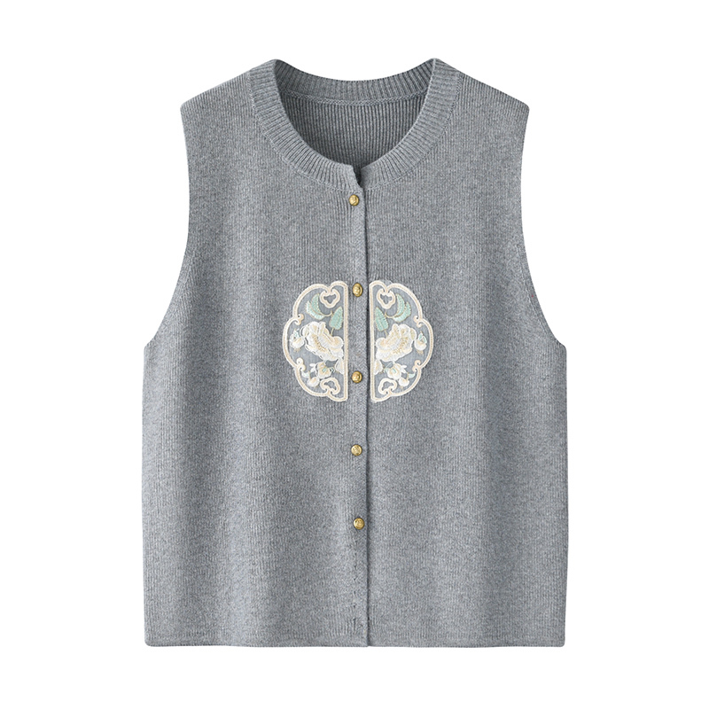 Autumn and Winter High-End Wool Sweater for Middle-Aged and Elderly Women, Pure Wool Round Neck Cardigan, Sleeveless Vest, Printed Waistcoat Jacket