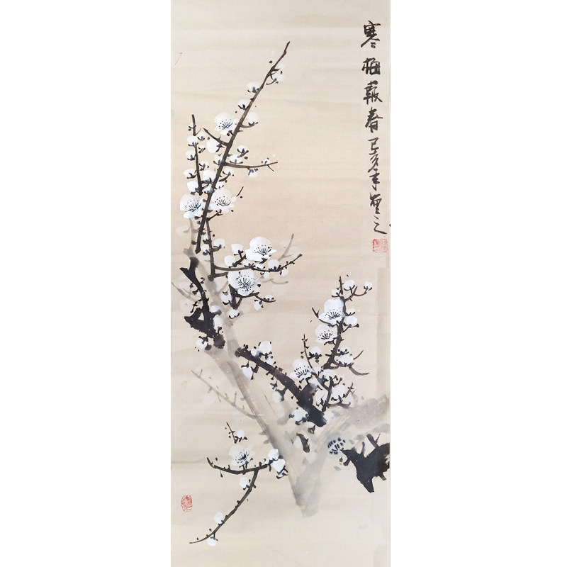 中国美術 報春図 梅に満月 戌寅年 落款有 掛軸 長さ188cm 中国美術 報春図 梅に満月 戌寅年 落款有 掛軸 長さ