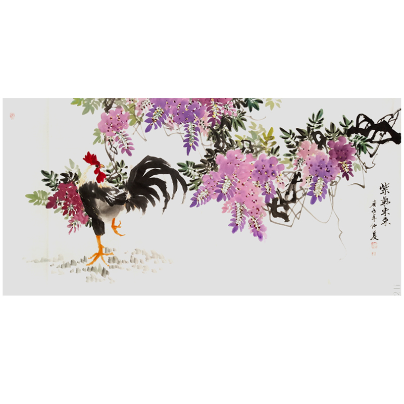 Hand-painted Chinese painting zodiac feng shui banner ink authentic living room office wisteria rooster purple qi east to the world yoshi