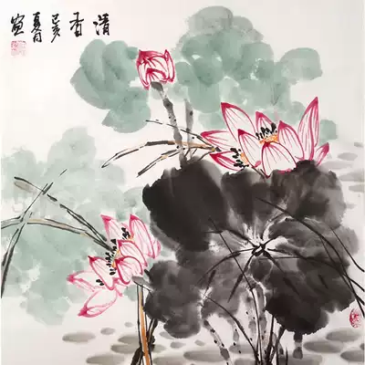 Pure hand-painted Chinese painting authentic calligraphy and painting living room hotel bedroom Lotus bird handmade water and ink bucket square lotus