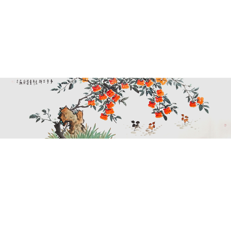 Pure hand-painted authenticity, everything goes well, persimmon painting, living room decoration painting, bedside hanging painting, horizontal version of persimmon, persimmon Ruyi Chinese painting