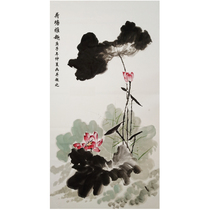 Pure hand-painted four-foot vertical sitting room entrance hall Hall Hall study freehand flowers and birds Lotus ink calligraphy painting Chinese painting works