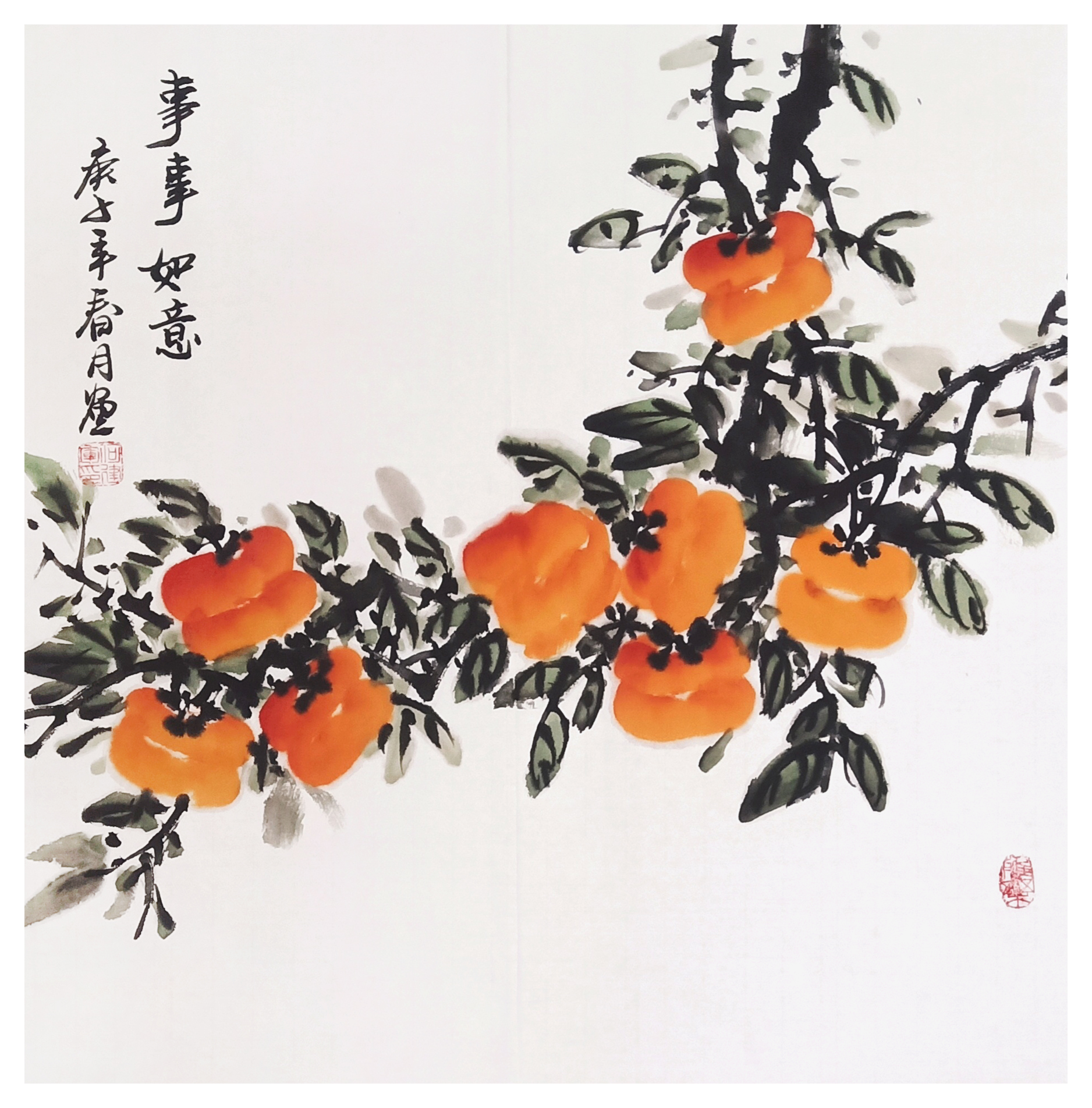 kei　中国花鳥画　柿に雀 kei 中国花鳥画 柿に雀 kei様専用 中国花鳥画 柿に雀
