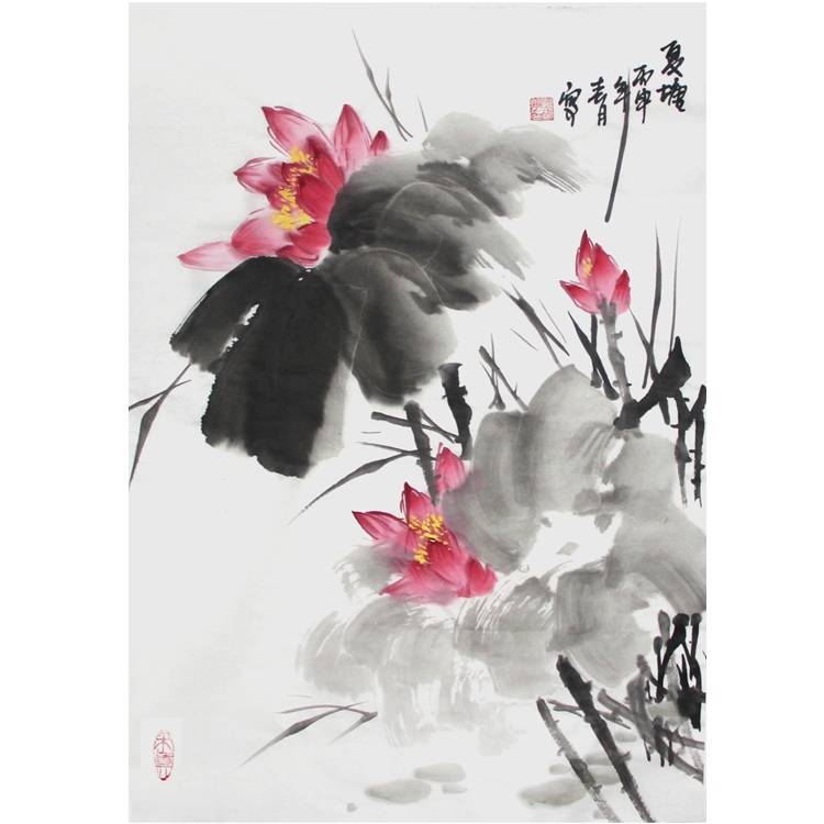 National Painting Lotus Flower Bird Pure Hand Painted Living Room Office Hallway Decoration Painting Custom Calligraphy and Painting Works