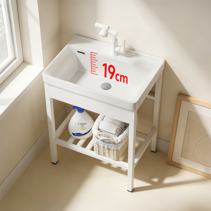 [No Installation Required] Stainless Steel Stand Floor-Standing Deep Washbasin Small Apartment Ceramic Washbasin Balcony Bathroom