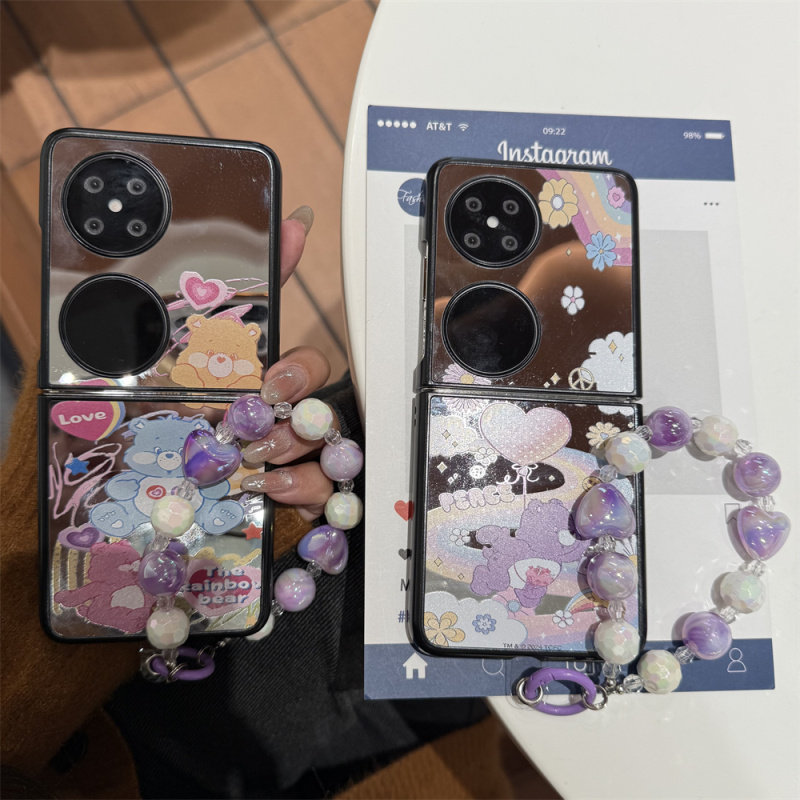 Suitable for Huawei Pocket2 Mobile Phone Case, Ins Korean Style Makeup Mirror, Cute Cartoon Rainbow Bear P50Pocket Creative P50 Treasure Box Bracelet Pocket Foldable Screen P50 Flip Cover Protective Case