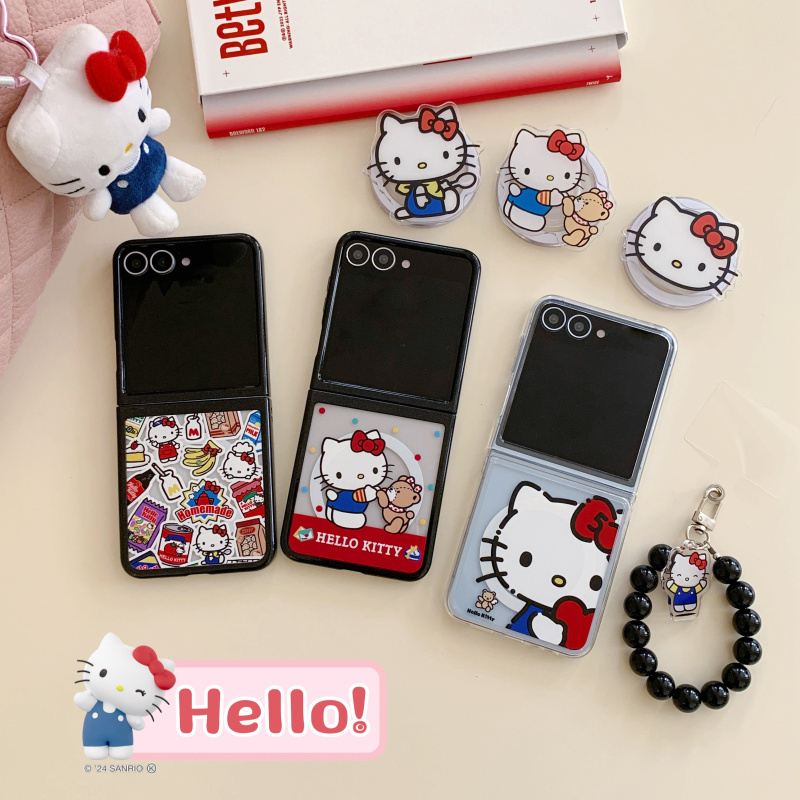 Suitable for Samsung Z Flip 6 Phone Case with Full View Window, Z Flip 5 Magnetic Protective Cover, Cute Cartoon Snacks and Cat Design, Xiaomi Mix Flip Hard Case with Bracelet, Z Flip 7 Small Flip Cover Case, Korean Style