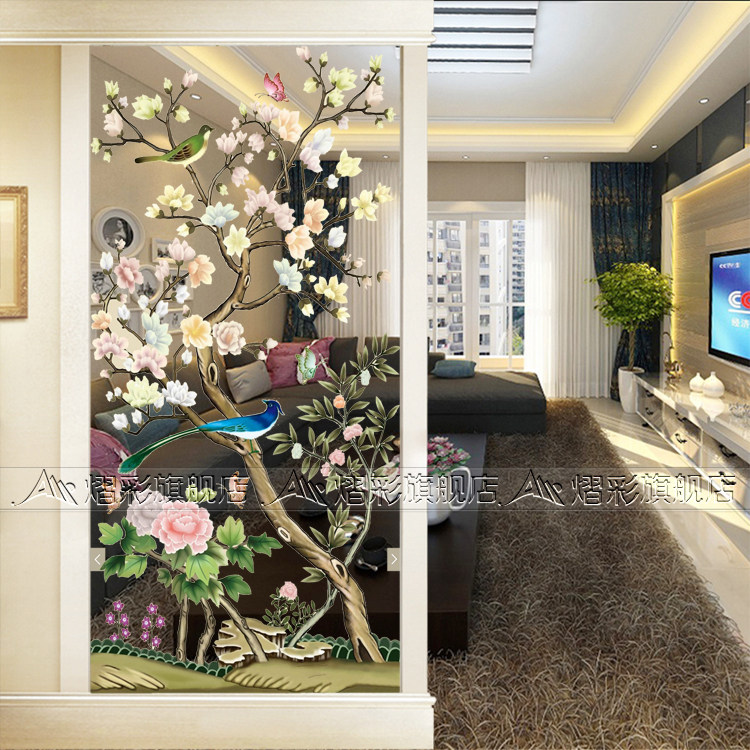 Art glass modern new Chinese entryway screen partition background wall living room sliding door frosted transparent magnolia magpie
