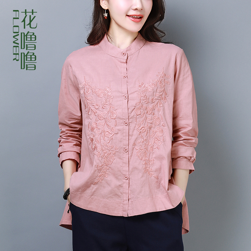 Cotton linen blouse Women 2022 New loose cover Belly Spring Dress Mid age Mom Long sleeve T-shirt for older moms