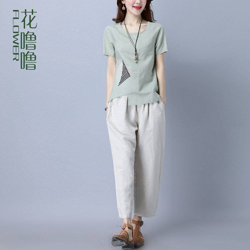 Floral snore 2022 New T-shirt casual pants Two sets of ladies Guido's mother's trendy 100 lap cotton linen suit 