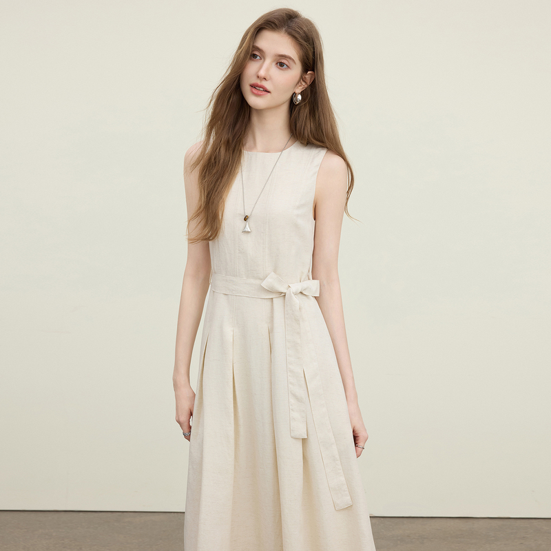 French-Style Design Lyocell Tencel Linen Sleeveless Dress for Women, Summer Tie-Up Elegant Mid-Length Tank Dress